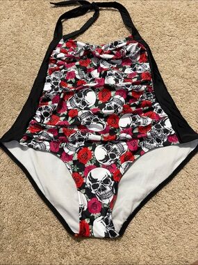 Rosegal Skull & Roses One Piece Swimsuit Halter Size 1X
